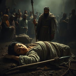 A poignant scene capturing Sumayyah in her final moments after being grievously wounded by a spear thrust by Abu Jahal