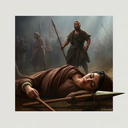 A poignant scene capturing Sumayyah in her final moments after being grievously wounded by a spear thrust by Abu Jahal