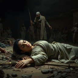 A poignant scene capturing Sumayyah in her final moments after being grievously wounded by a spear thrust by Abu Jahal