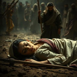 A poignant scene capturing Sumayyah in her final moments after being grievously wounded by a spear thrust by Abu Jahal