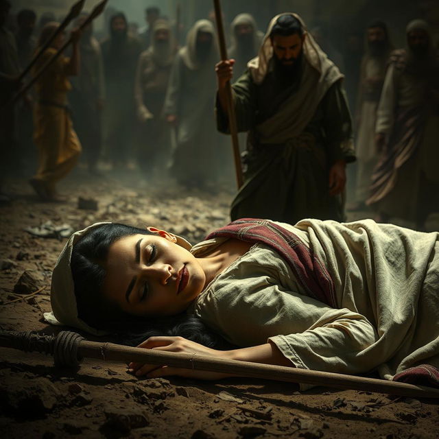 A poignant scene capturing Sumayyah in her final moments after being grievously wounded by a spear thrust by Abu Jahal