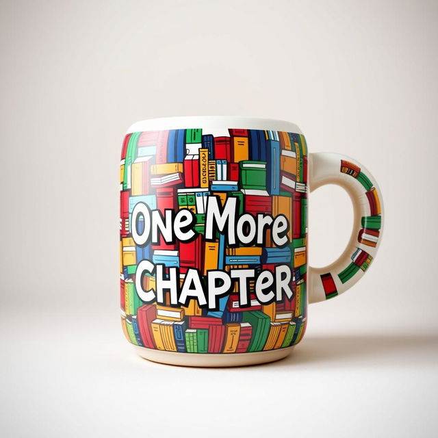 A 3D inflatable-style design featuring a whimsical mug decorated with an intricate pattern of colorful books