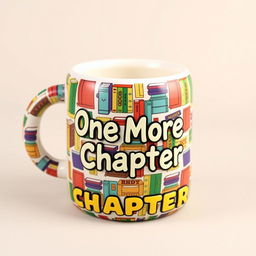 A 3D inflatable-style design featuring a whimsical mug decorated with an intricate pattern of colorful books