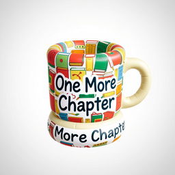 A 3D inflatable-style design featuring a whimsical mug decorated with an intricate pattern of colorful books
