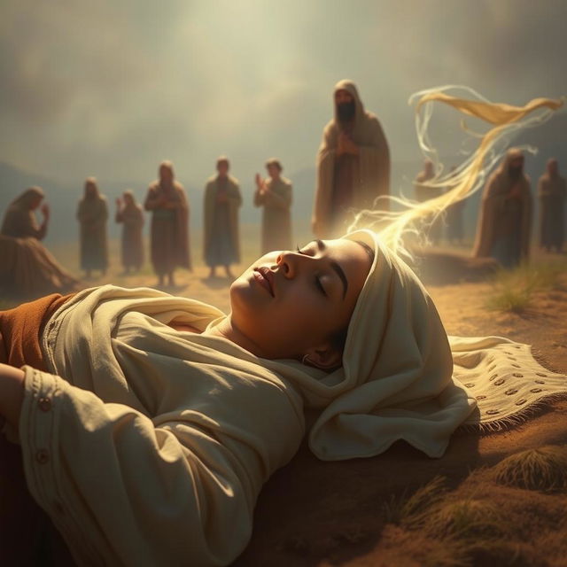 A powerful and serene scene depicting Sumayyah in her final moments as a martyr