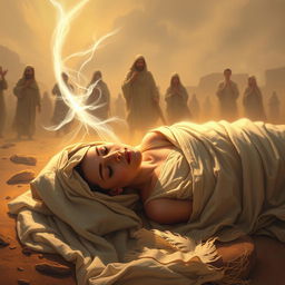 A powerful and serene scene depicting Sumayyah in her final moments as a martyr