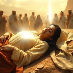 A powerful and serene scene depicting Sumayyah in her final moments as a martyr