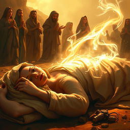 A powerful and serene scene depicting Sumayyah in her final moments as a martyr