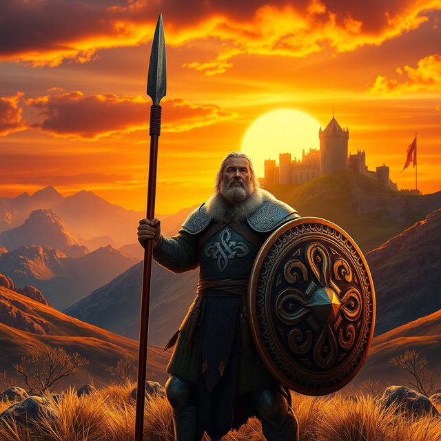 A photorealistic portrayal of a Celtic warrior standing bravely in a stunning fantasy landscape at sunset