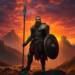 A photorealistic portrayal of a Celtic warrior standing bravely in a stunning fantasy landscape at sunset