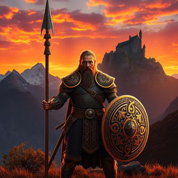 A photorealistic portrayal of a Celtic warrior standing bravely in a stunning fantasy landscape at sunset