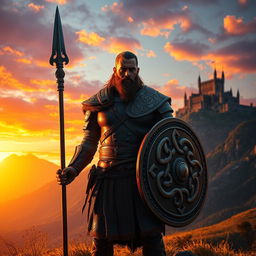 A photorealistic portrayal of a Celtic warrior standing bravely in a stunning fantasy landscape at sunset