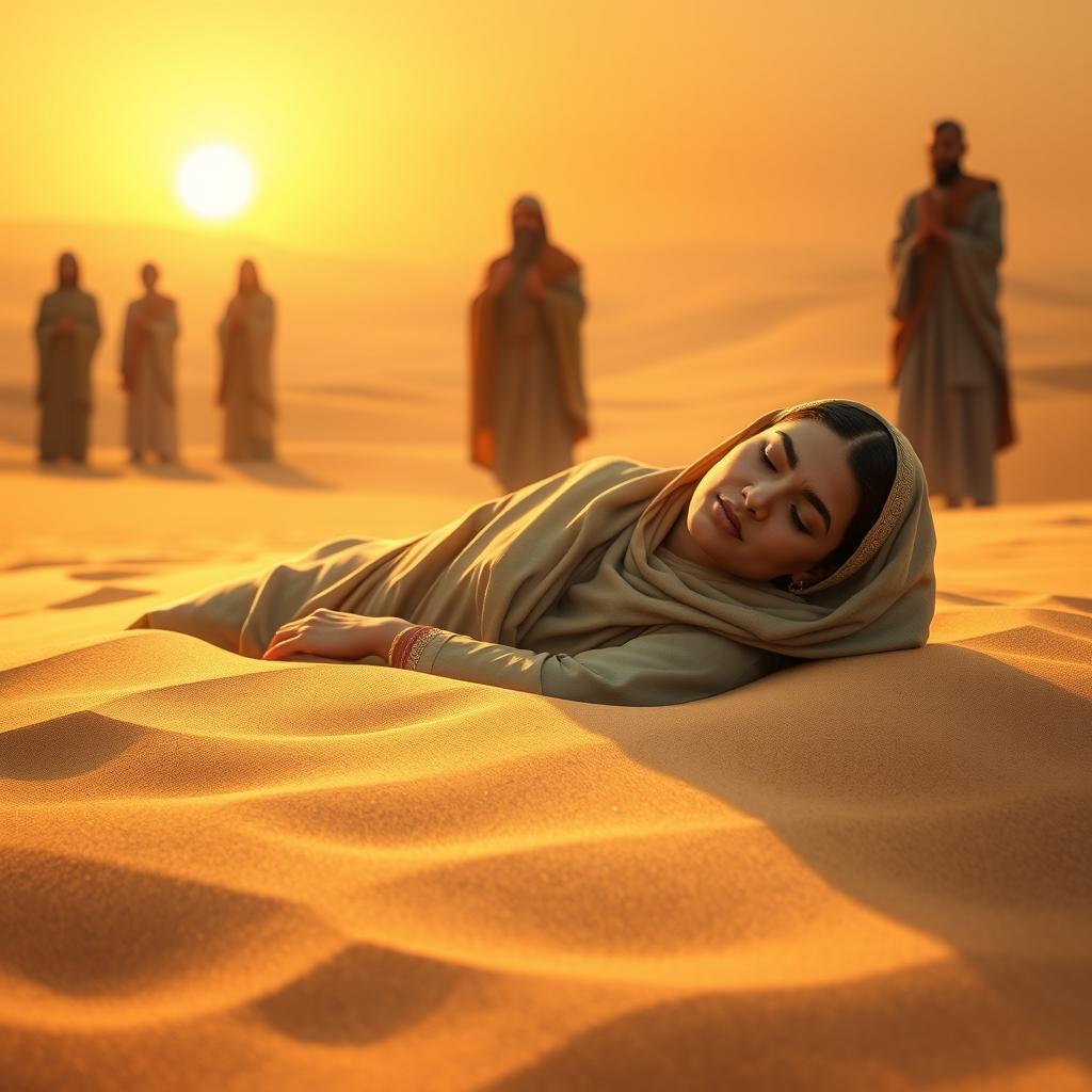 An inspiring and serene scene depicting Sumayyah, a righteous woman and martyr, in her final moments