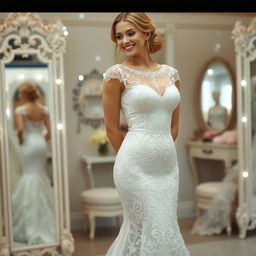 A bride in a stunning, very tight lace wedding gown, showcasing intricate lace patterns and detailing