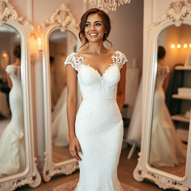 A bride in a stunning, very tight lace wedding gown, showcasing intricate lace patterns and detailing