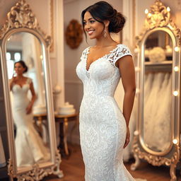 A bride in a stunning, very tight lace wedding gown, showcasing intricate lace patterns and detailing