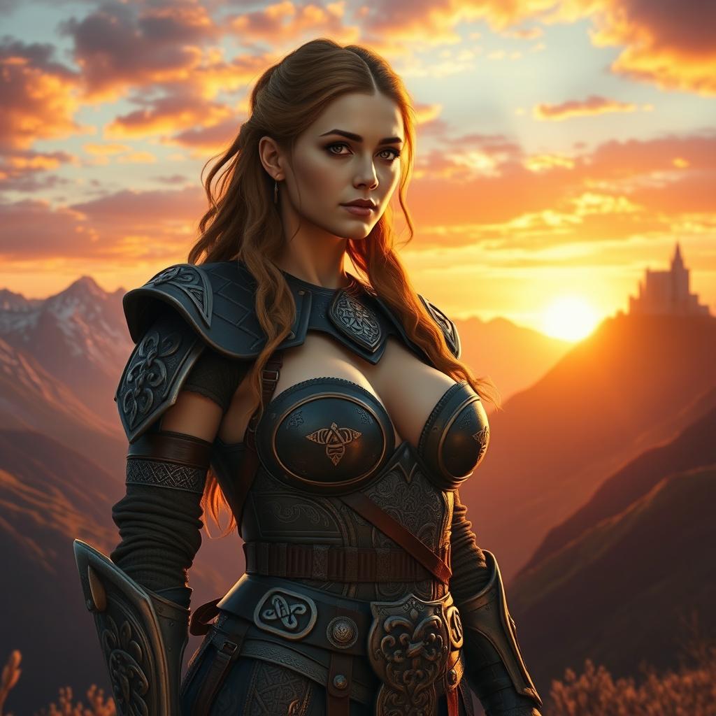 A photorealistic depiction of a Celtic woman warrior standing confidently in a breathtaking fantasy landscape during sunset