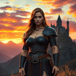 A photorealistic depiction of a Celtic woman warrior standing confidently in a breathtaking fantasy landscape during sunset