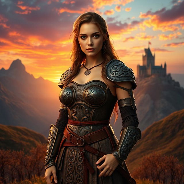 A photorealistic depiction of a Celtic woman warrior standing confidently in a breathtaking fantasy landscape during sunset