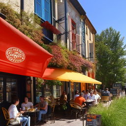 A quaint, bustling cafe exterior on a sunny day, with cozy outdoor seating, brightly colored awnings, and patrons sipping coffee.