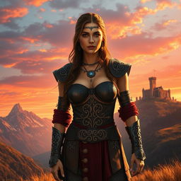 A photorealistic depiction of a Celtic woman warrior standing confidently in a breathtaking fantasy landscape during sunset