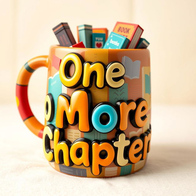 A vibrant 3D inflatable-style design featuring a charming mug decorated with colorful book patterns