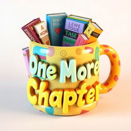 A vibrant 3D inflatable-style design featuring a charming mug decorated with colorful book patterns