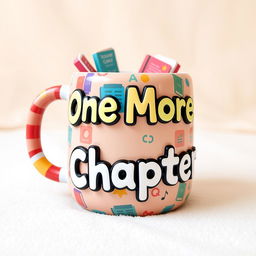 A vibrant 3D inflatable-style design featuring a charming mug decorated with colorful book patterns