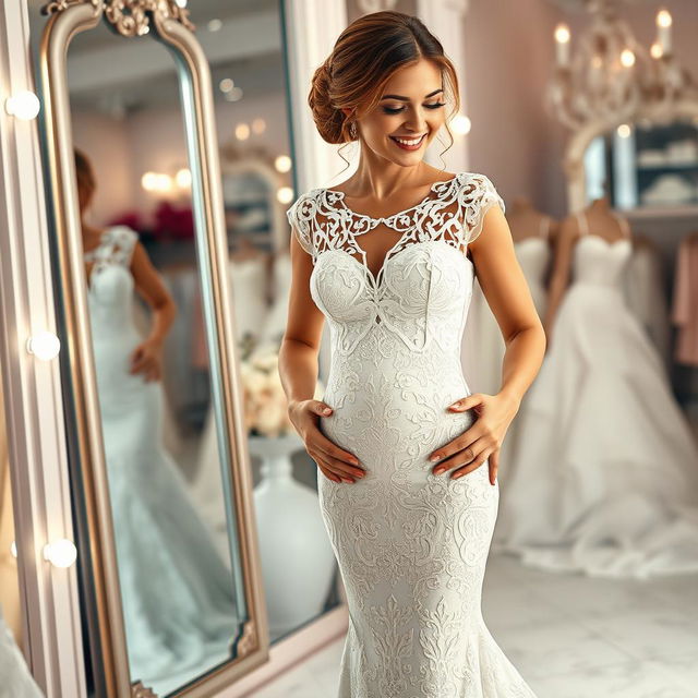 A bride in a stunning, very tight lace wedding gown, showcasing intricate lace patterns and detailing