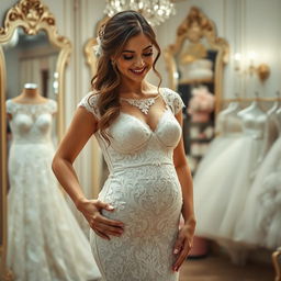 A bride in a stunning, very tight lace wedding gown, showcasing intricate lace patterns and detailing