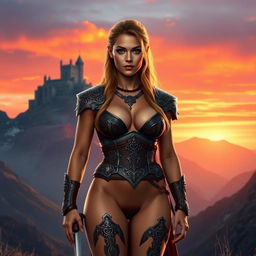A photorealistic depiction of a Celtic woman warrior in a fantastical landscape during sunset