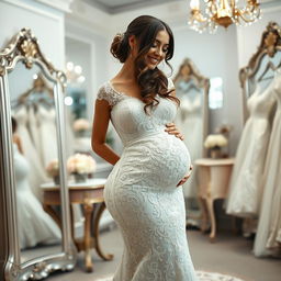 A bride in a stunning, very tight lace wedding gown that beautifully highlights her wide hips and figure