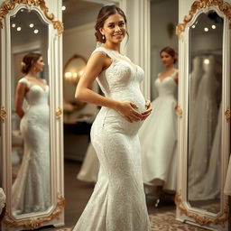A bride in a stunning, very tight lace wedding gown that beautifully highlights her wide hips and figure