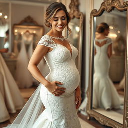 A bride in a stunning, very tight lace wedding gown that beautifully highlights her wide hips and figure