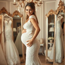 A bride in a stunning, very tight lace wedding gown that beautifully highlights her wide hips and figure