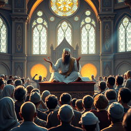 A serene and majestic scene of the Prophet Muhammad delivering a sermon, illustrating his wisdom and compassion