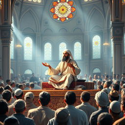 A serene and majestic scene of the Prophet Muhammad delivering a sermon, illustrating his wisdom and compassion