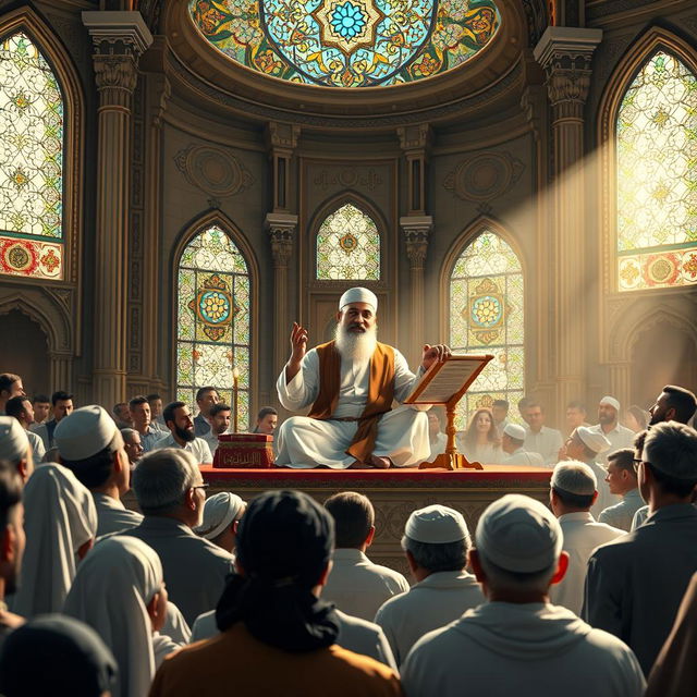 A serene and majestic scene of the Prophet Muhammad delivering a sermon, illustrating his wisdom and compassion