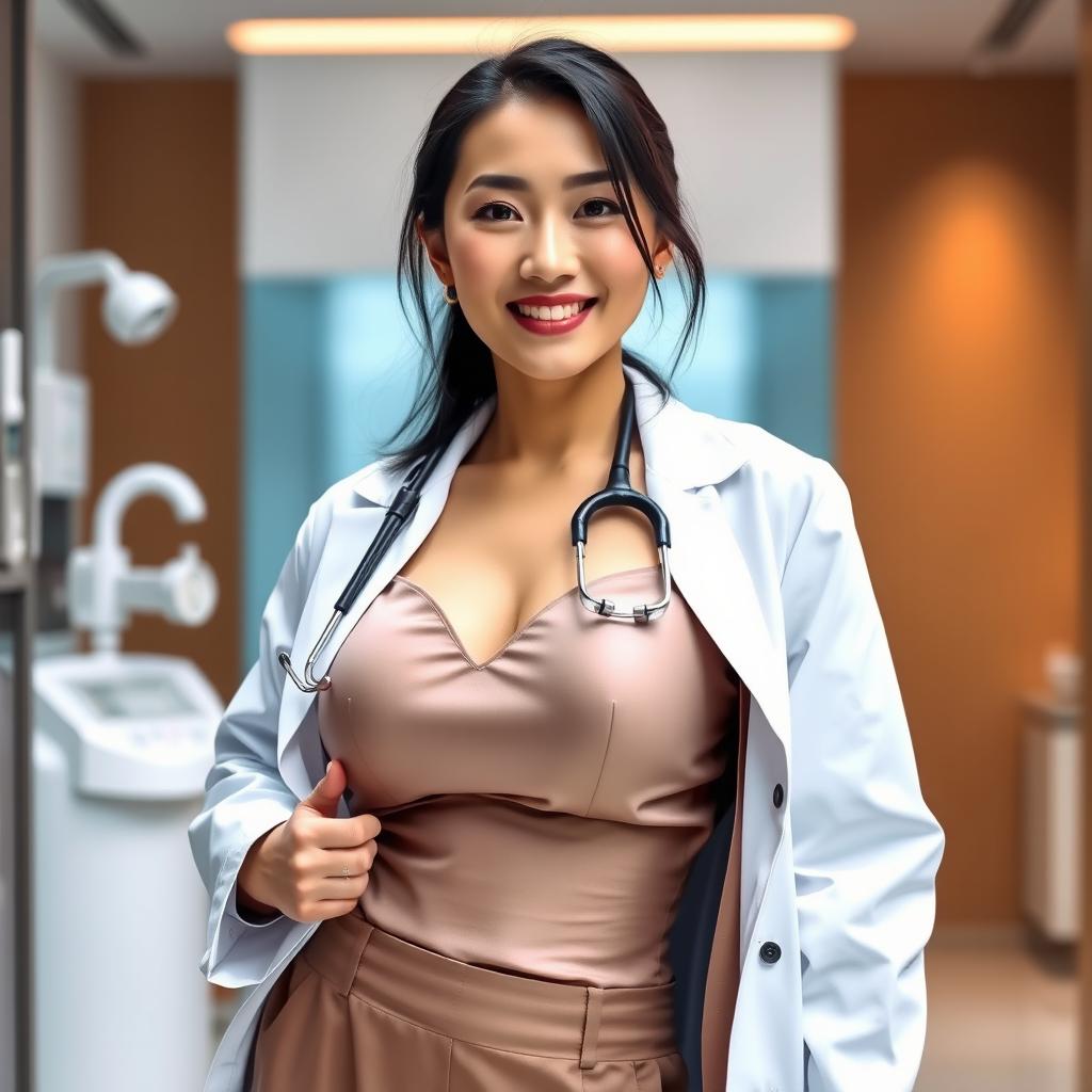 A stunning Chinese woman with a slim, curvy body and very large breasts, dressed in a stylish doctor's coat over elegant, fashionable clothing