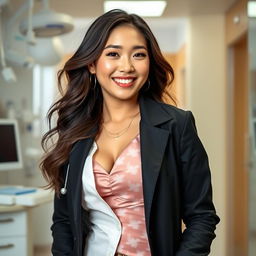 A stunning Chinese woman with a slim, curvy body and very large breasts, dressed in a stylish doctor's coat over elegant, fashionable clothing