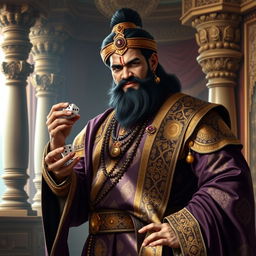 A striking portrayal of Shakuni, the cunning mastermind from the Mahabharata, standing confidently in a palace setting