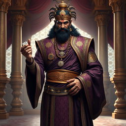 A striking portrayal of Shakuni, the cunning mastermind from the Mahabharata, standing confidently in a palace setting
