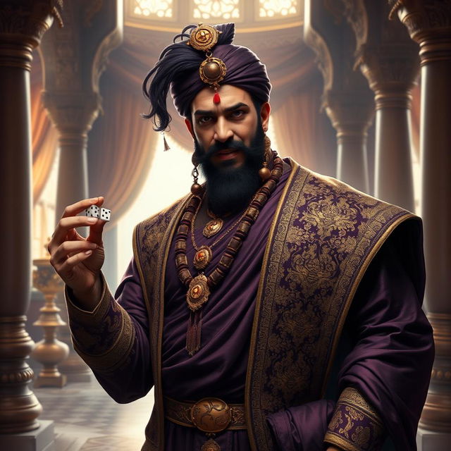 A striking portrayal of Shakuni, the cunning mastermind from the Mahabharata, standing confidently in a palace setting