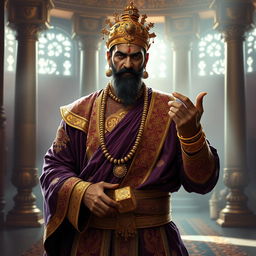 A striking portrayal of Shakuni, the cunning mastermind from the Mahabharata, standing confidently in a palace setting