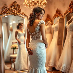 A bride in a very tight lace wedding gown that beautifully accentuates her wide hips and figure