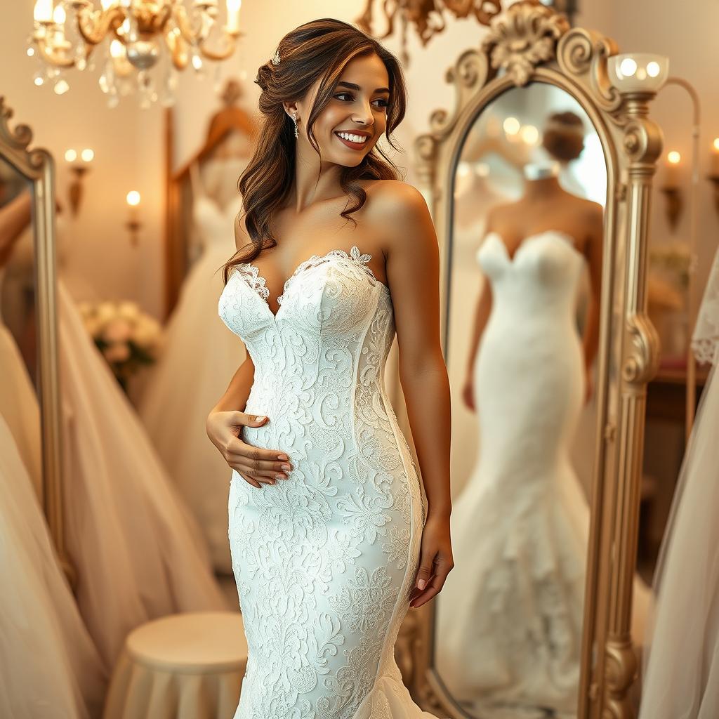 A bride in a very tight lace wedding gown that beautifully accentuates her wide hips and figure