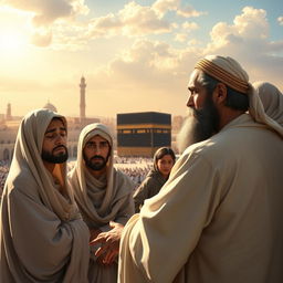 A powerful and emotional scene depicting the Prophet Muhammad in Makkah, addressing the family of Yasir, who faced persecution and were martyred by Abu Jahl
