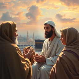 A powerful and emotional scene depicting the Prophet Muhammad in Makkah, addressing the family of Yasir, who faced persecution and were martyred by Abu Jahl