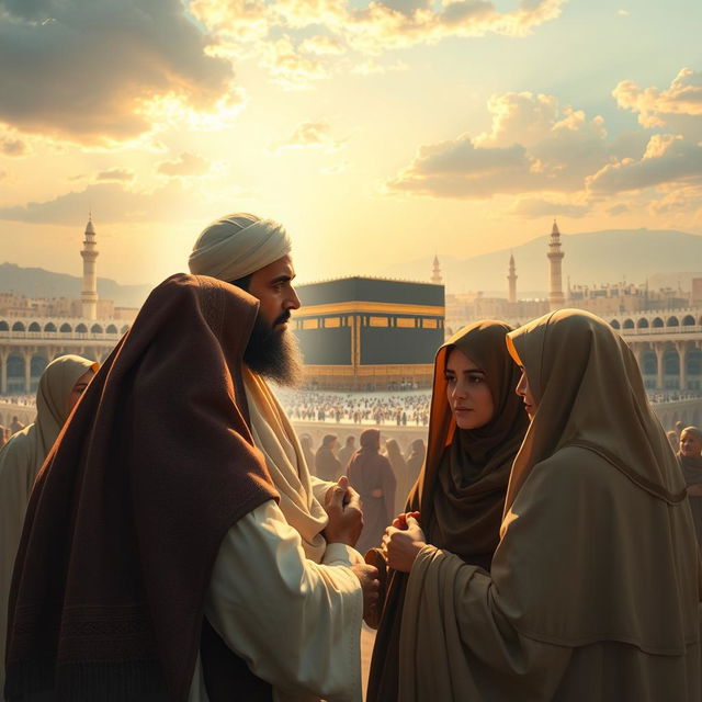 A powerful and emotional scene depicting the Prophet Muhammad in Makkah, addressing the family of Yasir, who faced persecution and were martyred by Abu Jahl