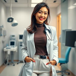 A beautiful Chinese woman with a slim, curvy body and very large breasts, elegantly dressed in a tailored doctor's coat over chic, fashionable clothing